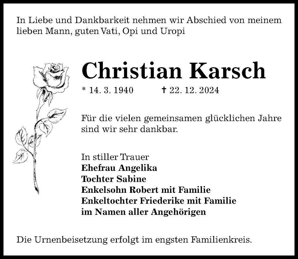  Traueranzeige für Christian Karsch vom 11.01.2025 aus Sächsische Zeitung