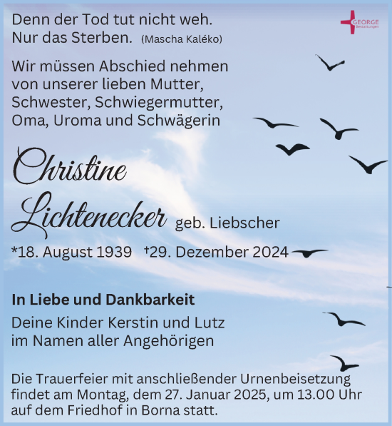 Traueranzeige von Christine Lichtenecker von Leipziger Volkszeitung