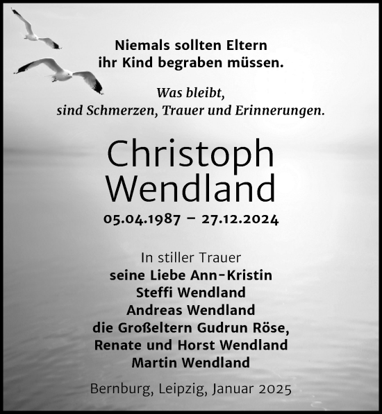 Traueranzeige von Christoph Wendland von Leipziger Volkszeitung