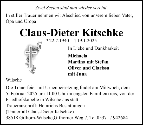 Traueranzeige von Claus-Dieter Kitschke von Aller Zeitung