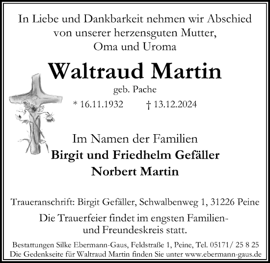 Traueranzeige von Waltraud Martin von Peiner Allgemeine Zeitung