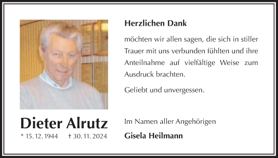 Traueranzeige von Dieter Alrutz von Täglicher Anzeiger Holzminden