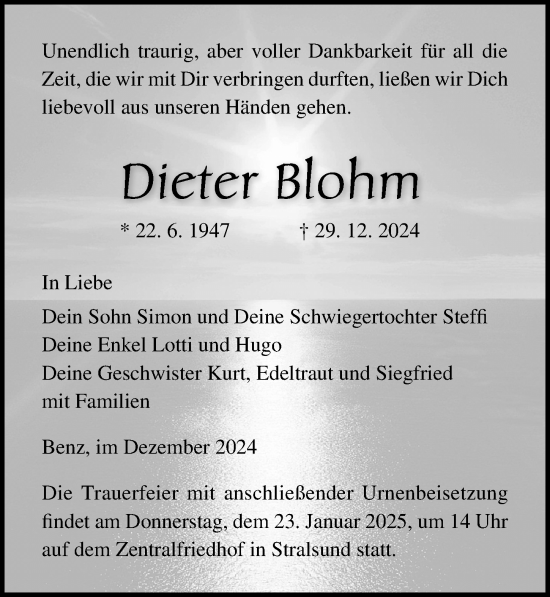 Traueranzeige von Dieter Blohm von Ostsee-Zeitung GmbH