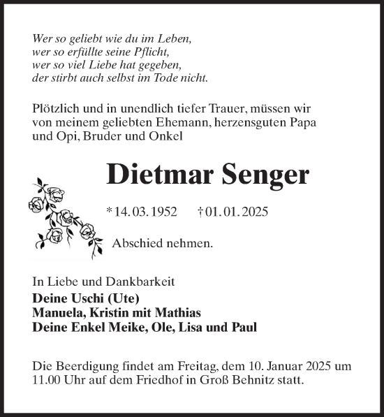 Traueranzeige von Dietmar Senger von Märkischen Allgemeine Zeitung