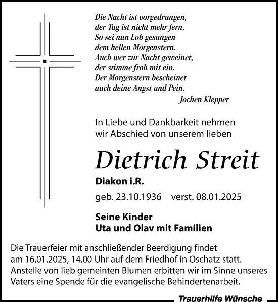 Traueranzeige von Dietrich Streit von Leipziger Volkszeitung