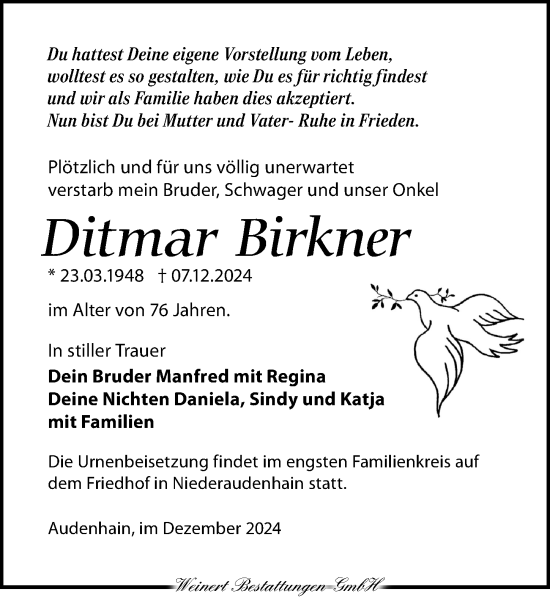 Traueranzeige von Ditmar Birkner von Torgauer Zeitung