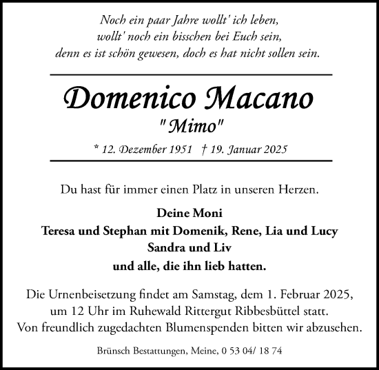 Traueranzeige von Domenico Macano von Aller Zeitung