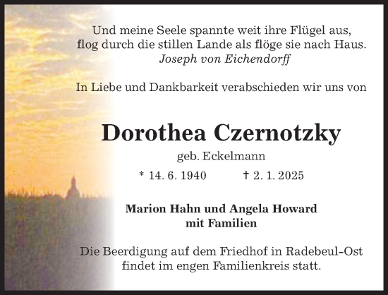 Traueranzeige von Dorothea Czernotzky von Sächsische Zeitung