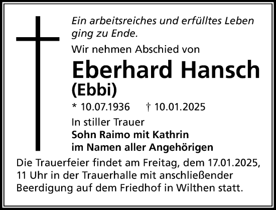 Traueranzeige von Eberhard Hansch von Sächsische Zeitung