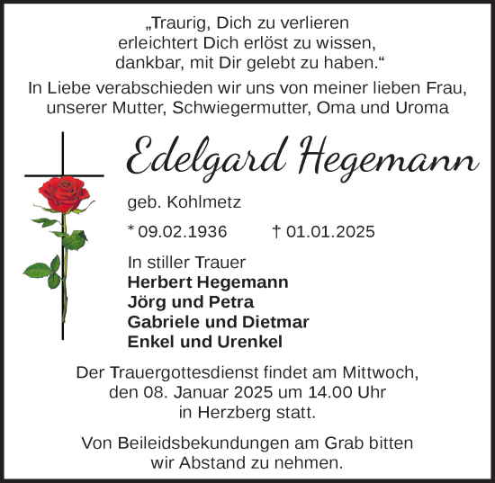 Traueranzeige von Edelgard Hegemann von Märkischen Allgemeine Zeitung