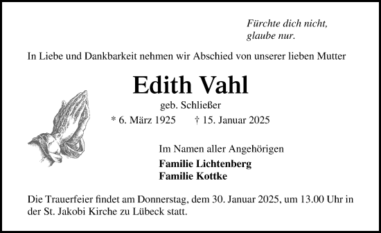 Traueranzeige von Edith Vahl von Lübecker Nachrichten