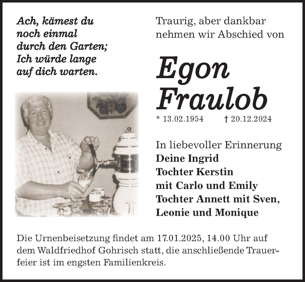 Traueranzeige für Egon Fraulob vom 04.01.2025 aus Sächsische Zeitung