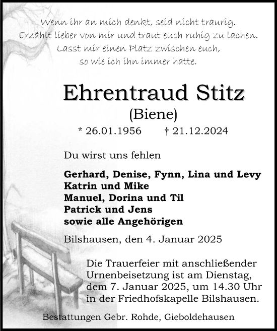 Traueranzeige von Ehrentraud Stitz von Eichsfelder Tageblatt