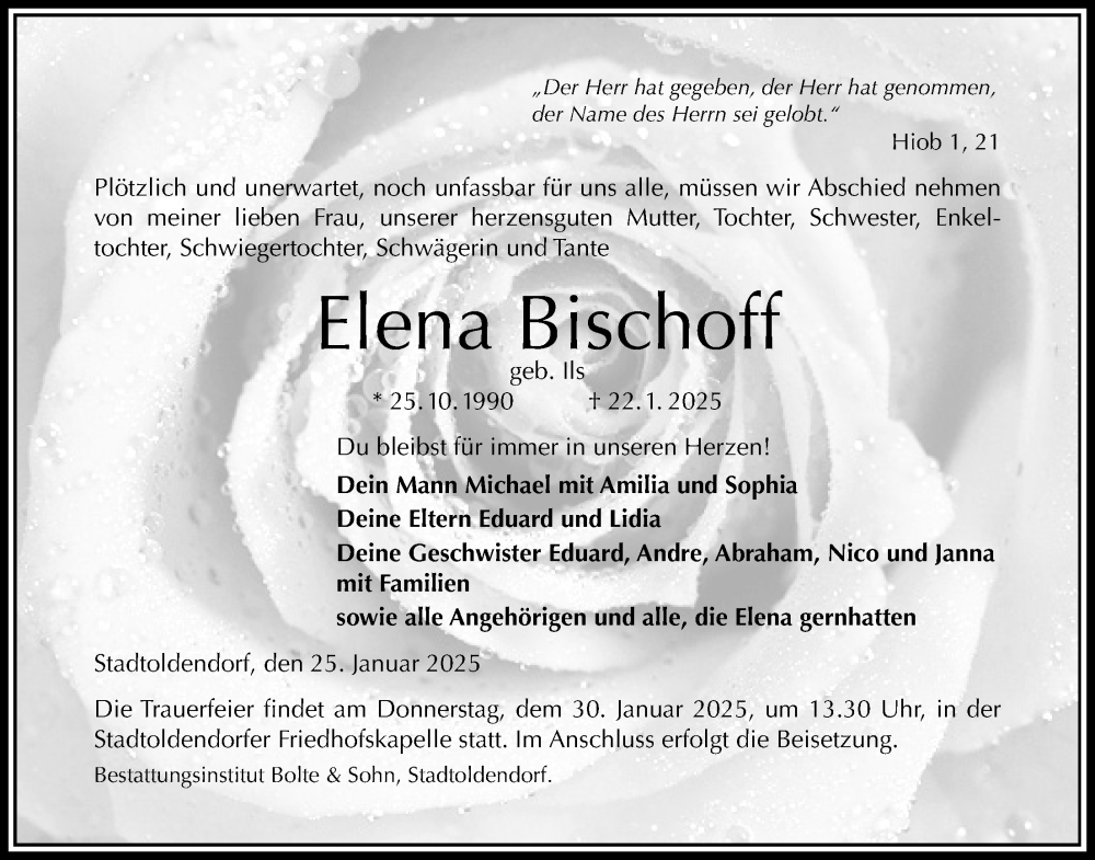  Traueranzeige für Elena Bischoff vom 25.01.2025 aus Täglicher Anzeiger Holzminden