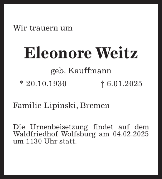 Traueranzeige von Eleonore Weitz von Aller Zeitung