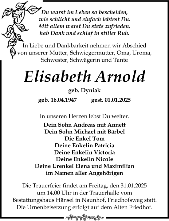 Traueranzeige von Elisabeth Arnold von Leipziger Volkszeitung