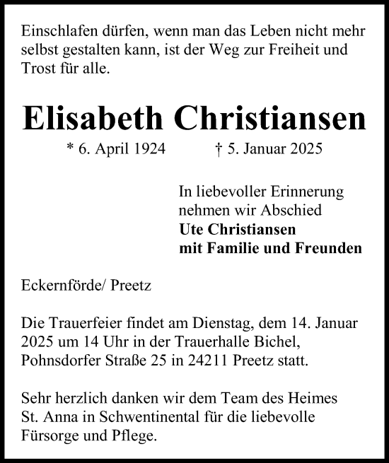 Traueranzeige von Elisabeth Christiansen von Kieler Nachrichten