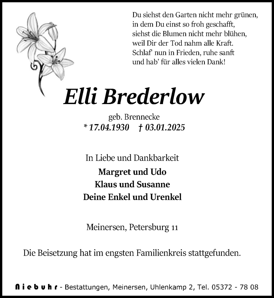  Traueranzeige für Elli Brederlow vom 11.01.2025 aus Aller Zeitung