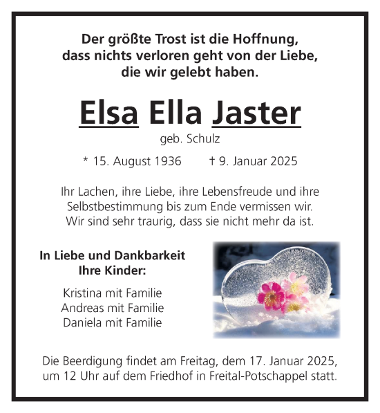 Traueranzeige von Elsa Ella Jaster von Sächsische Zeitung