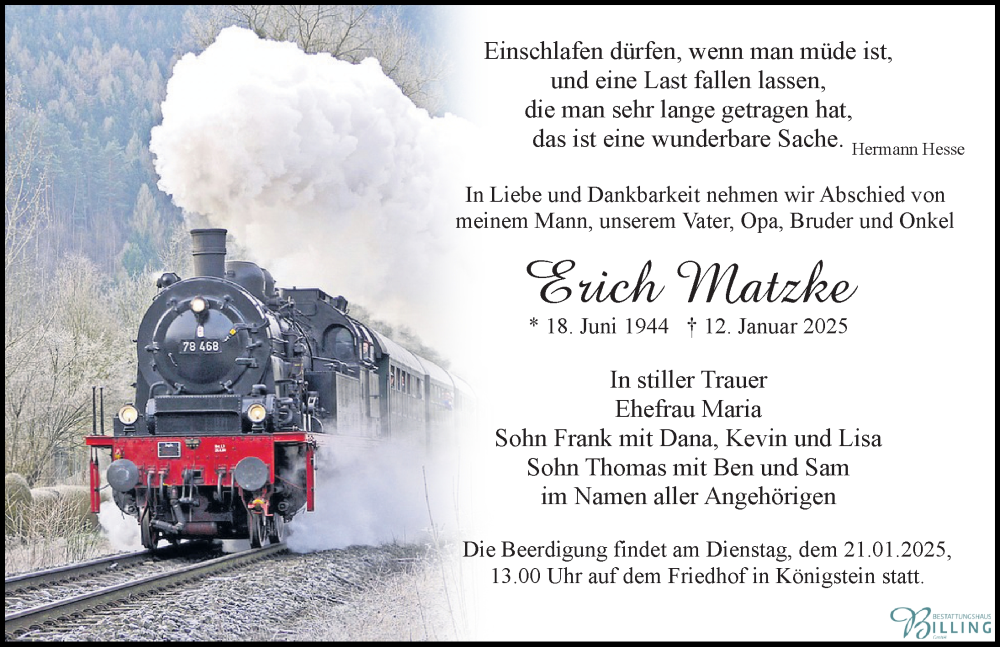  Traueranzeige für Erich Matzke vom 18.01.2025 aus Sächsische Zeitung