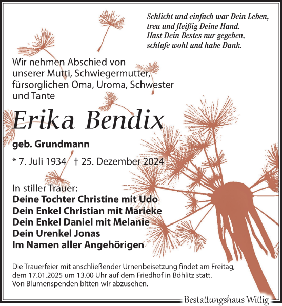 Traueranzeige von Erika Bendix von Leipziger Volkszeitung