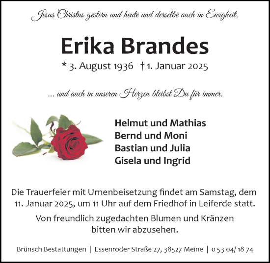 Traueranzeige von Erika Brandes von Aller Zeitung