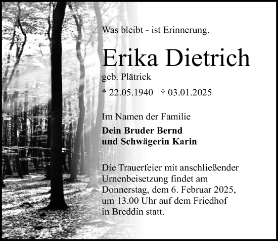 Traueranzeige von Erika Dietrich von Wochenspiegel