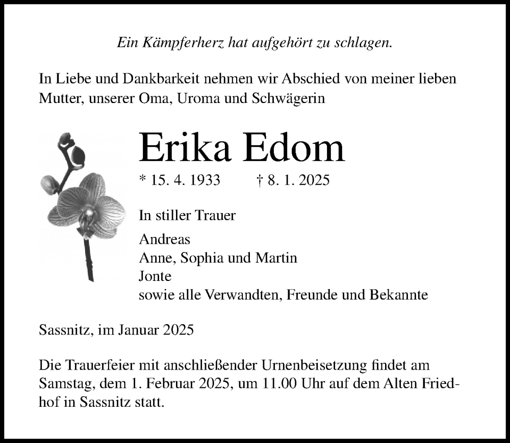  Traueranzeige für Erika Edom vom 18.01.2025 aus Ostsee-Zeitung GmbH