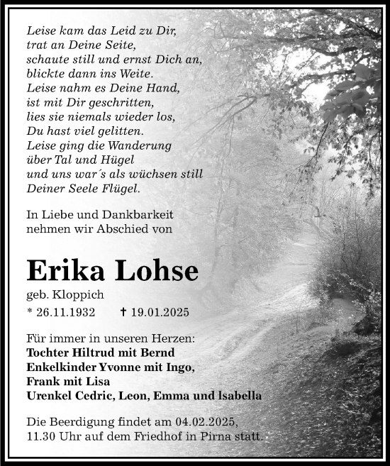 Traueranzeige von Erika Lohse von Sächsische Zeitung