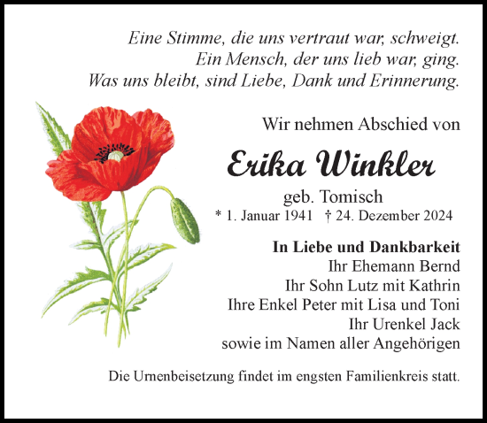 Traueranzeige von Erika Winkler von Sächsische Zeitung