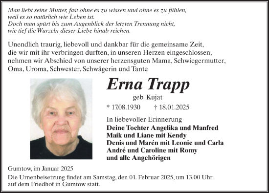 Traueranzeige von Erna Trapp von Wochenspiegel