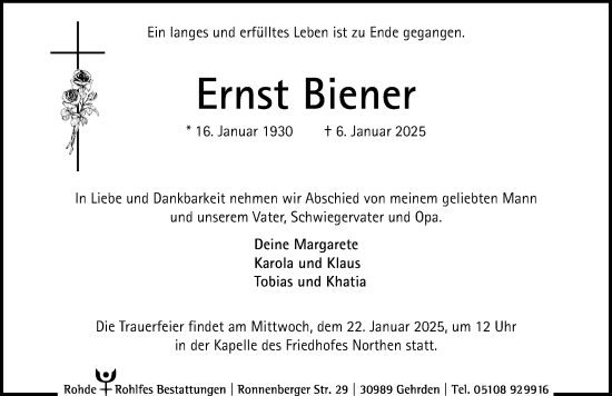 Traueranzeige von Ernst Biener von Hannoversche Allgemeine Zeitung/Neue Presse