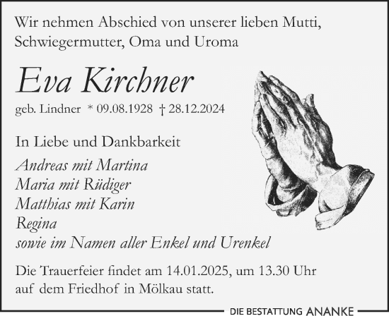 Traueranzeige von Eva Kirchner von Leipziger Volkszeitung