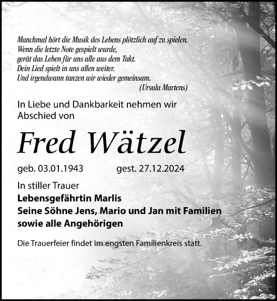 Traueranzeige von Fred Wätzel von Leipziger Volkszeitung