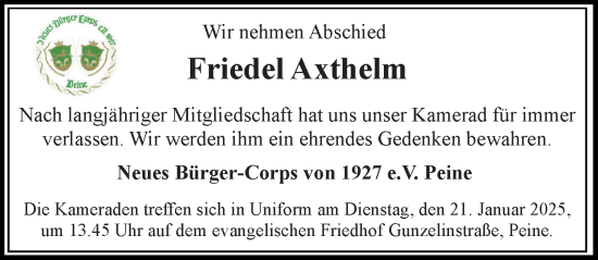 Traueranzeige von Friedel Axthelm von Peiner Allgemeine Zeitung