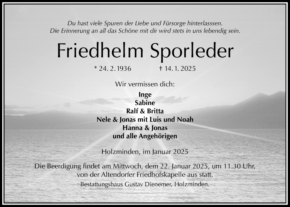  Traueranzeige für Friedhelm Sporleder vom 18.01.2025 aus Täglicher Anzeiger Holzminden