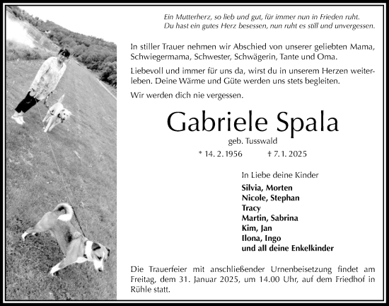 Traueranzeige von Gabriele Spala von Täglicher Anzeiger Holzminden