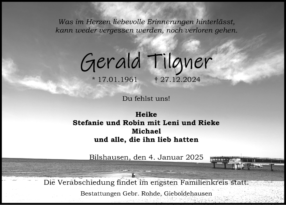  Traueranzeige für Gerald Tilgner vom 04.01.2025 aus Eichsfelder Tageblatt