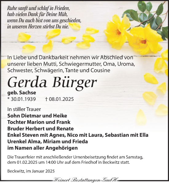 Traueranzeige von Gerda Bürger von Torgauer Zeitung