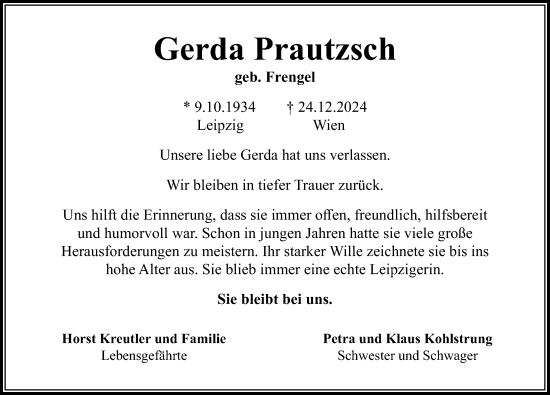 Traueranzeige von Gerda Prautzsch von Leipziger Volkszeitung