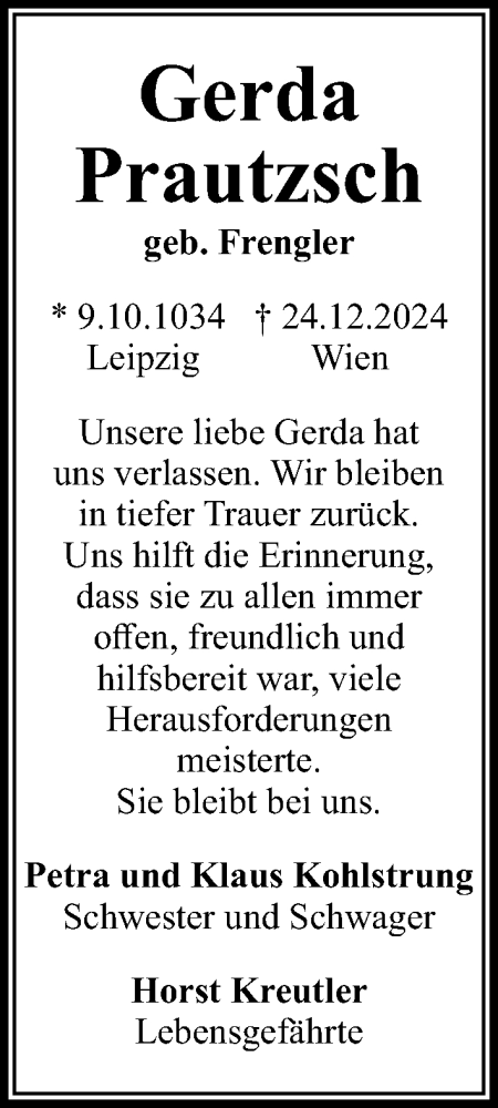 Traueranzeige von Gerda Prautzsch von Leipziger Volkszeitung