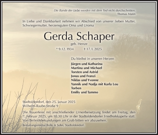 Traueranzeige von Gerda Schaper von Täglicher Anzeiger Holzminden