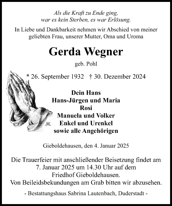 Traueranzeige von Gerda Wegner von Eichsfelder Tageblatt