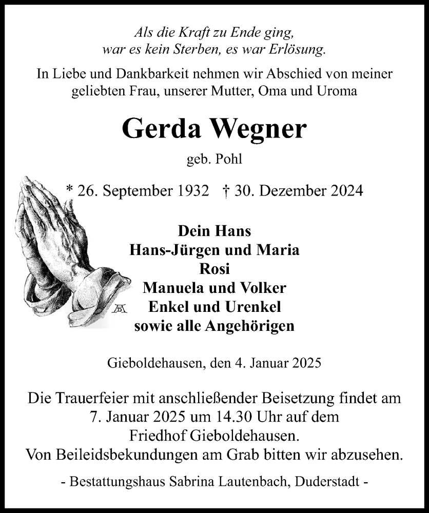  Traueranzeige für Gerda Wegner vom 04.01.2025 aus Eichsfelder Tageblatt