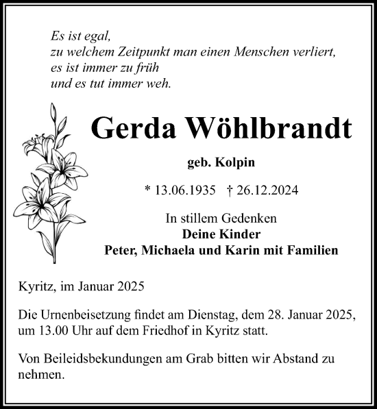 Traueranzeige von Gerda Wöhlbrandt von Wochenspiegel