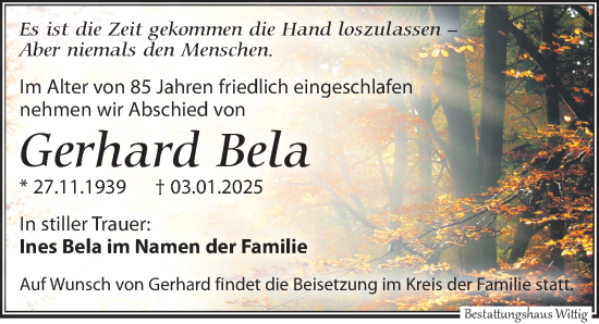 Traueranzeige von Gerhard Bela von Leipziger Volkszeitung