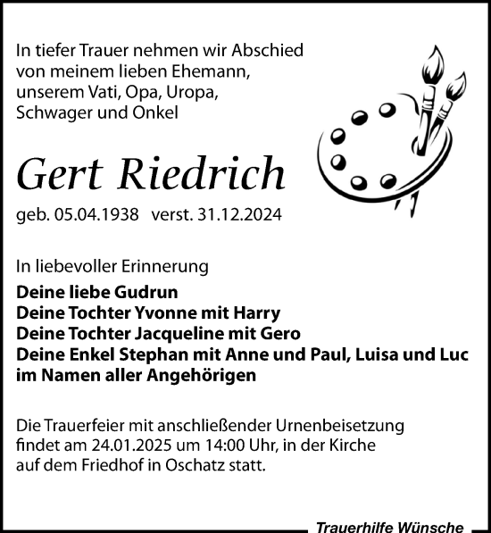 Traueranzeige von Gert Riedrich von Leipziger Volkszeitung