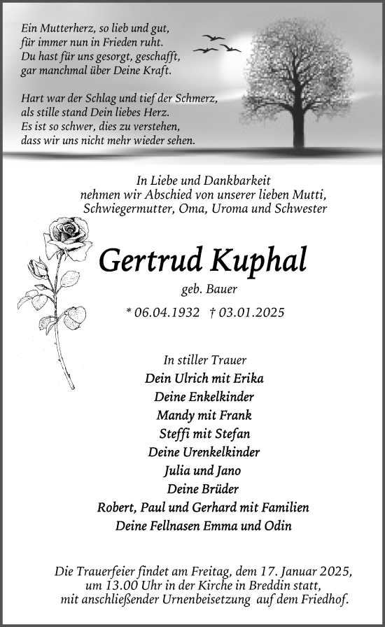 Traueranzeige von Gertrud Kuphal