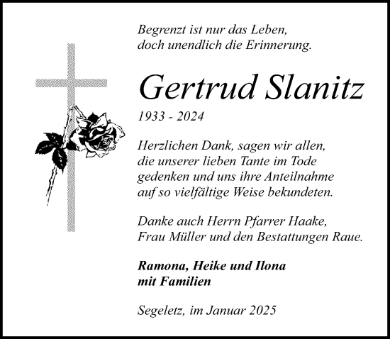 Traueranzeige von Gertrud Slanitz