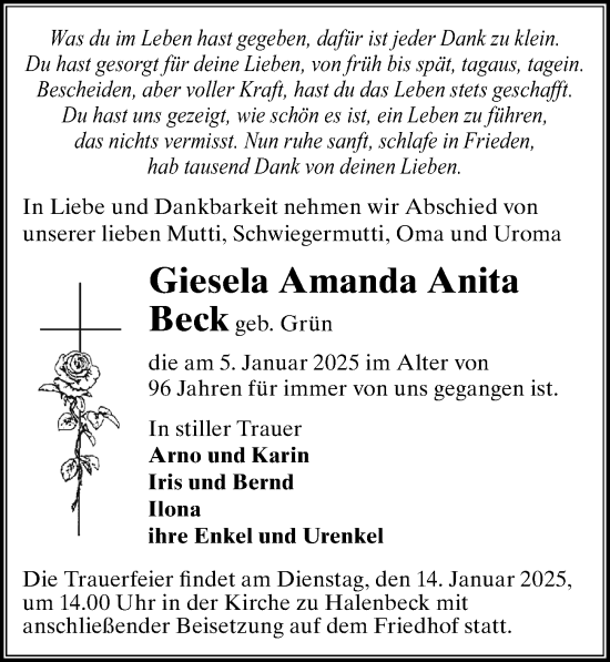 Traueranzeige von Giesela  Beck von Wochenspiegel